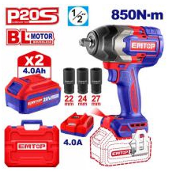 ECIWL2085, Cordless impact wrench - 20V, Brushless Professional Cordless Power Tool with Battery Charger Kit
